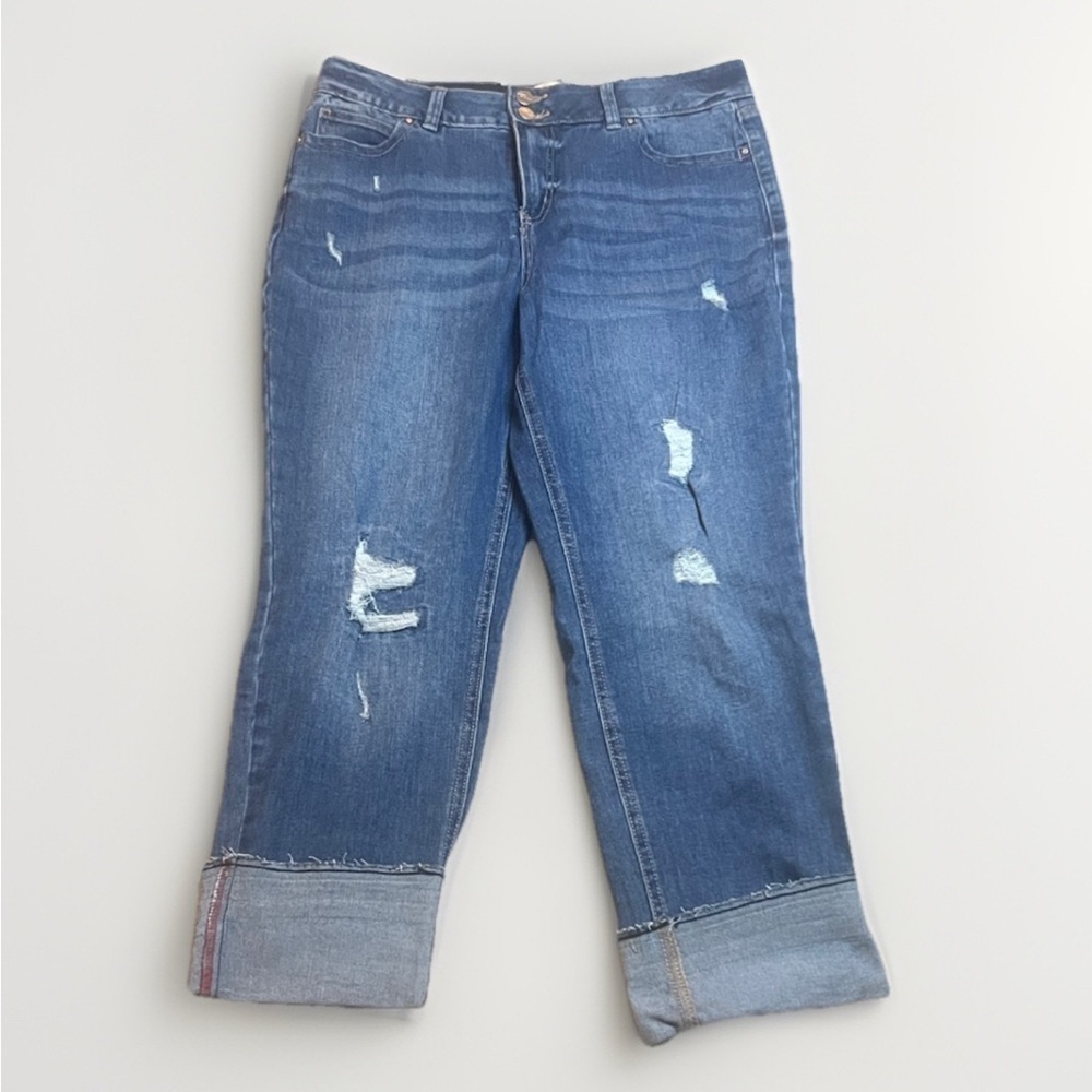 Ricki’s Blue Distressed Cropped Large Cuff Jeans sz 12 Like New